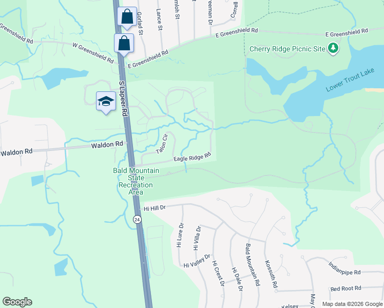 map of restaurants, bars, coffee shops, grocery stores, and more near 91 Eagle Ridge Road in Orion charter Township