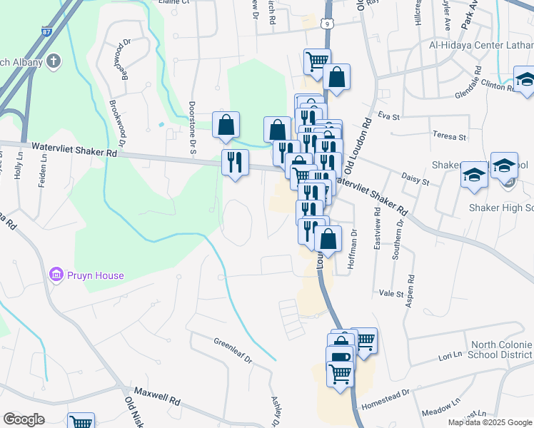 map of restaurants, bars, coffee shops, grocery stores, and more near 11 Denise Drive in Latham
