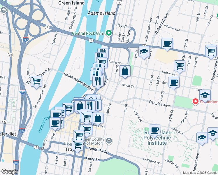 map of restaurants, bars, coffee shops, grocery stores, and more near 2154 5th Avenue in Troy