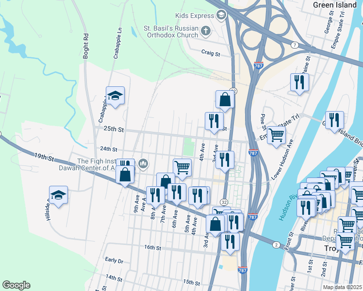 map of restaurants, bars, coffee shops, grocery stores, and more near 2413-2415 6th Avenue in Watervliet