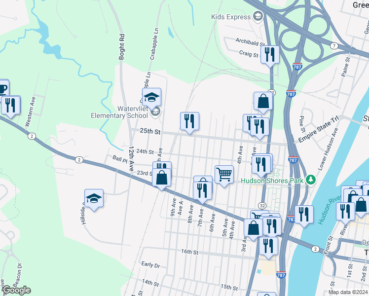 map of restaurants, bars, coffee shops, grocery stores, and more near 2412 9th Avenue in Watervliet