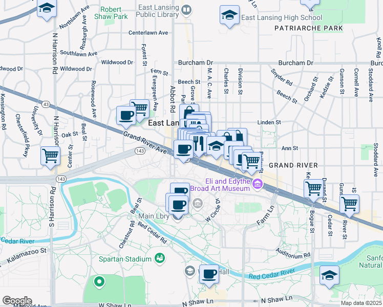 map of restaurants, bars, coffee shops, grocery stores, and more near 207 M. A. C. Avenue in East Lansing