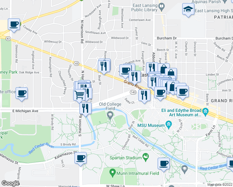 map of restaurants, bars, coffee shops, grocery stores, and more near 334 East Michigan Avenue in East Lansing