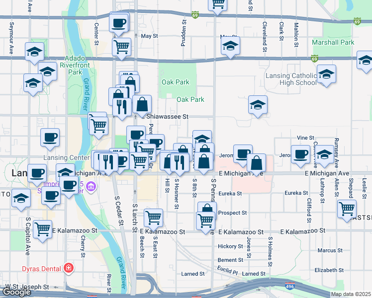 map of restaurants, bars, coffee shops, grocery stores, and more near 205 North 8th Street in Lansing