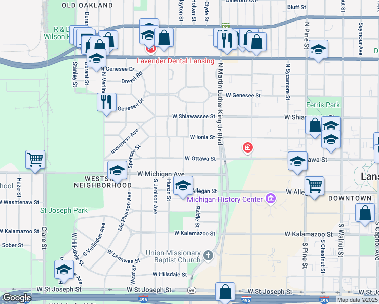 map of restaurants, bars, coffee shops, grocery stores, and more near 1230 West Ottawa Street in Lansing