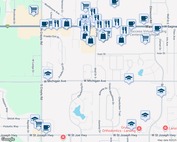map of restaurants, bars, coffee shops, grocery stores, and more near 5801 W Michigan Ave in Lansing