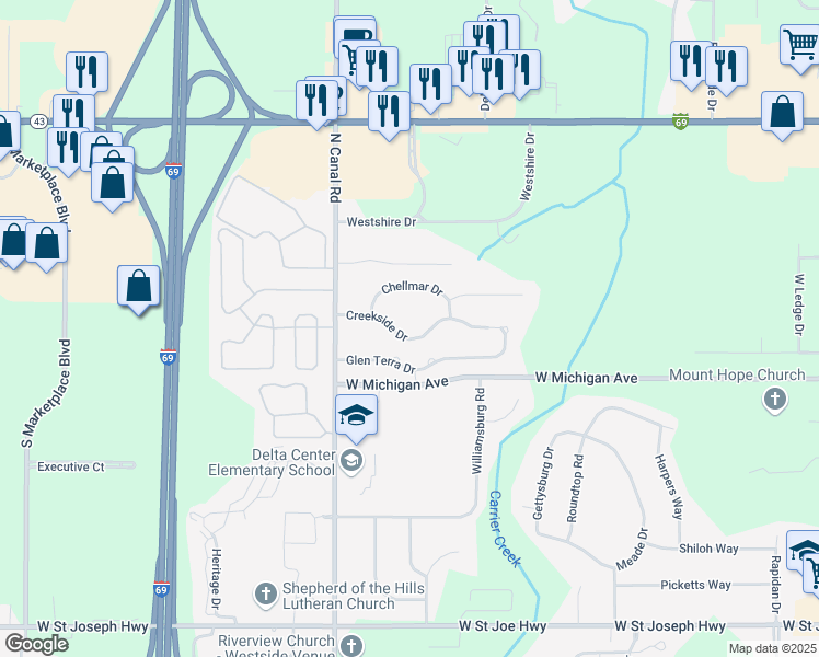 map of restaurants, bars, coffee shops, grocery stores, and more near 7344 Creekside Drive in Lansing
