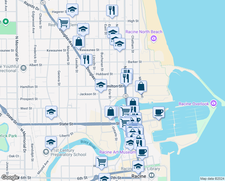 map of restaurants, bars, coffee shops, grocery stores, and more near 1116 North Wisconsin Street in Racine