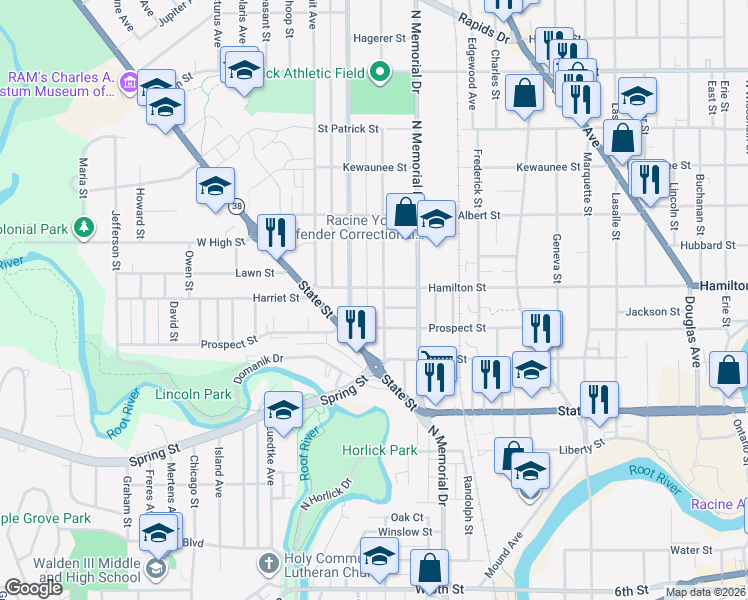 map of restaurants, bars, coffee shops, grocery stores, and more near 1127 Carlisle Avenue in Racine