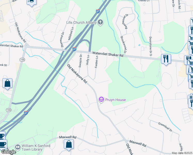 map of restaurants, bars, coffee shops, grocery stores, and more near 19 Feiden Lane in Latham