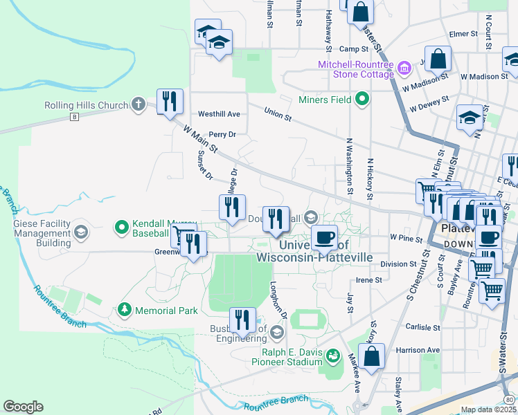 map of restaurants, bars, coffee shops, grocery stores, and more near 5 Preston Drive in Platteville