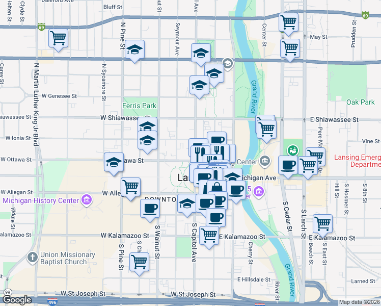 map of restaurants, bars, coffee shops, grocery stores, and more near 215 North Capitol Avenue in Lansing
