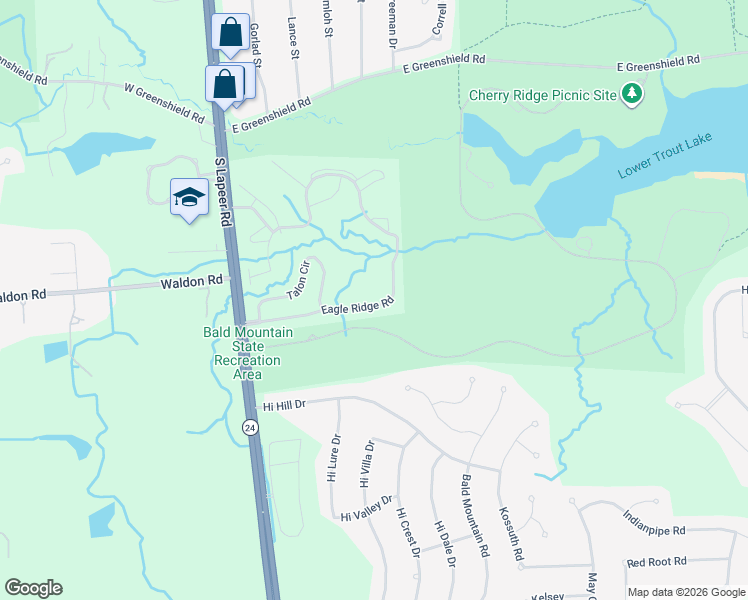 map of restaurants, bars, coffee shops, grocery stores, and more near 91 Eagle Ridge Road in Orion charter Township