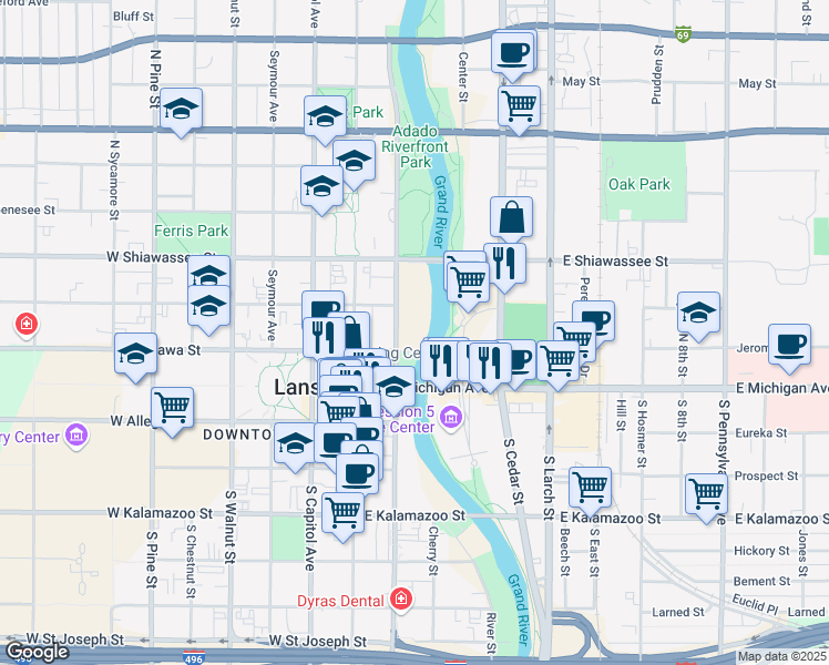 map of restaurants, bars, coffee shops, grocery stores, and more near 200 North Grand Avenue in Lansing