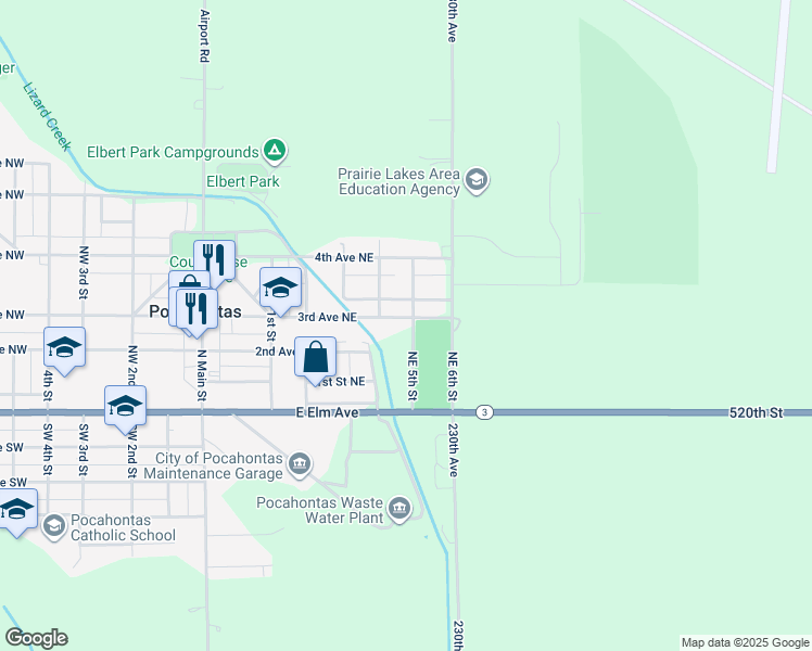 map of restaurants, bars, coffee shops, grocery stores, and more near 407 3rd Avenue Northeast in Pocahontas