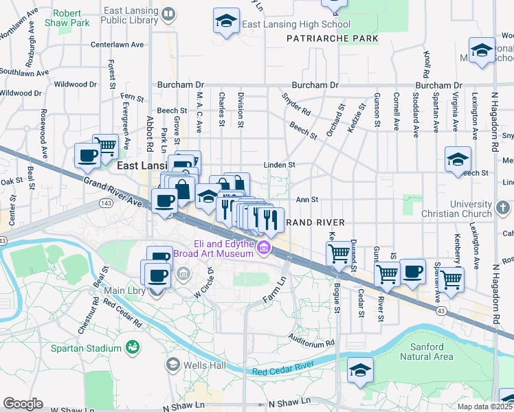 map of restaurants, bars, coffee shops, grocery stores, and more near 532 Ann Street in East Lansing