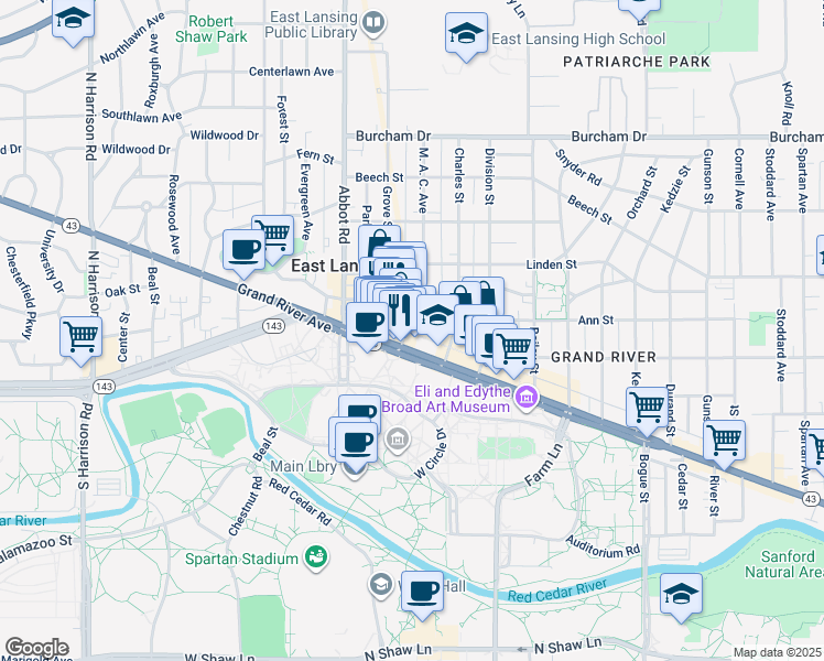 map of restaurants, bars, coffee shops, grocery stores, and more near 220 M. A. C. Avenue in East Lansing