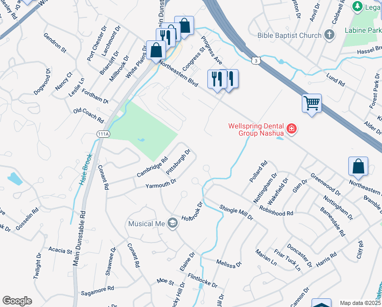 map of restaurants, bars, coffee shops, grocery stores, and more near 44 Yarmouth Drive in Nashua