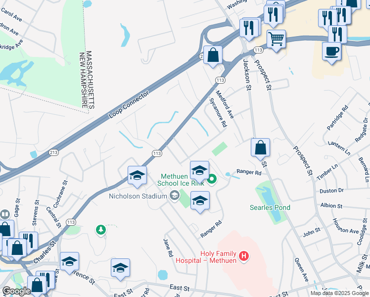 map of restaurants, bars, coffee shops, grocery stores, and more near 10 Brookfield Rd in Methuen