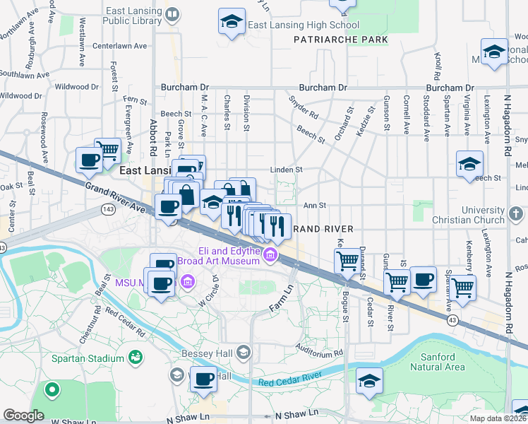 map of restaurants, bars, coffee shops, grocery stores, and more near 532 Ann Street in East Lansing