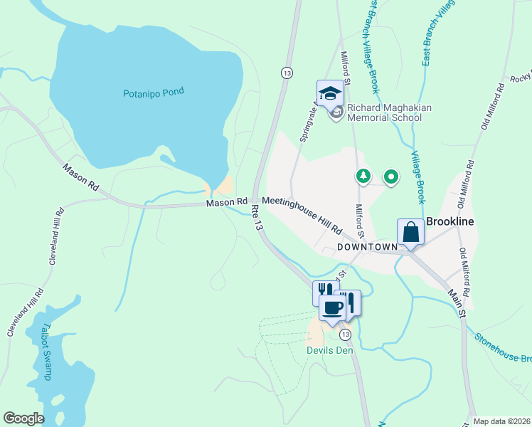 map of restaurants, bars, coffee shops, grocery stores, and more near 20 Meetinghouse Hill Road in Brookline