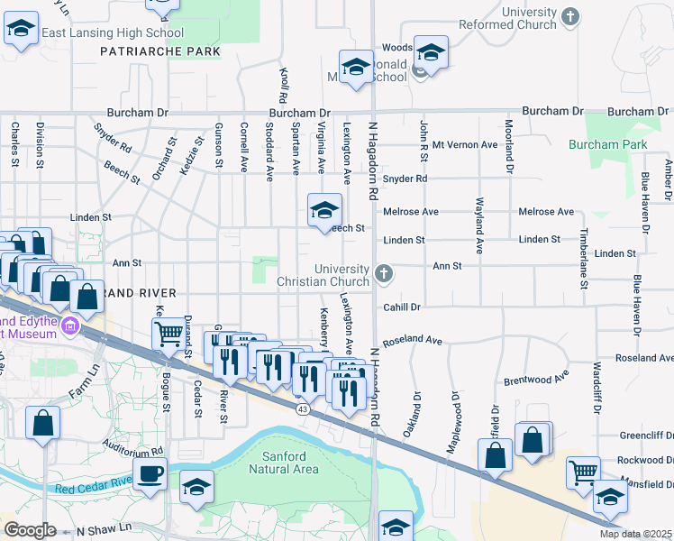 map of restaurants, bars, coffee shops, grocery stores, and more near 322 Lexington Avenue in East Lansing
