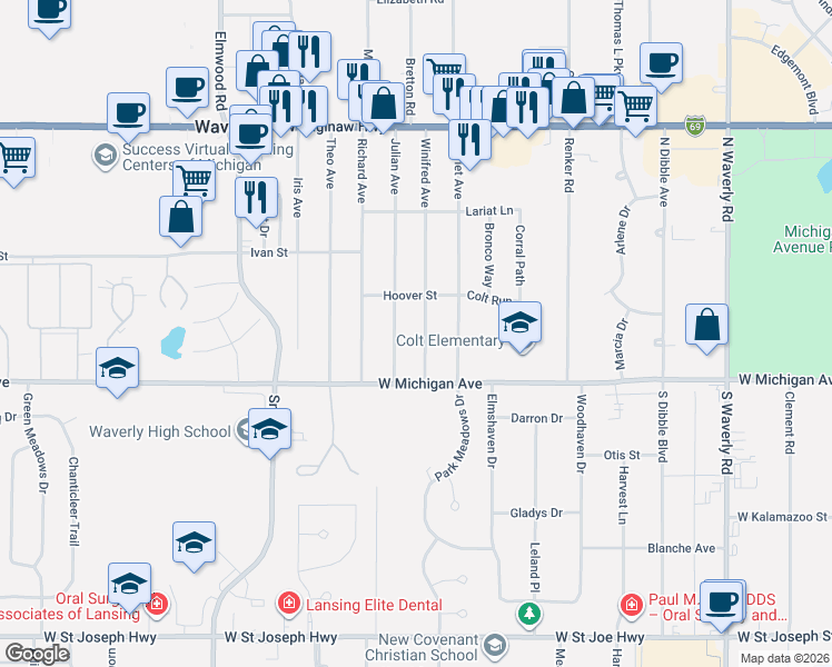 map of restaurants, bars, coffee shops, grocery stores, and more near 121 Winifred Avenue in Lansing