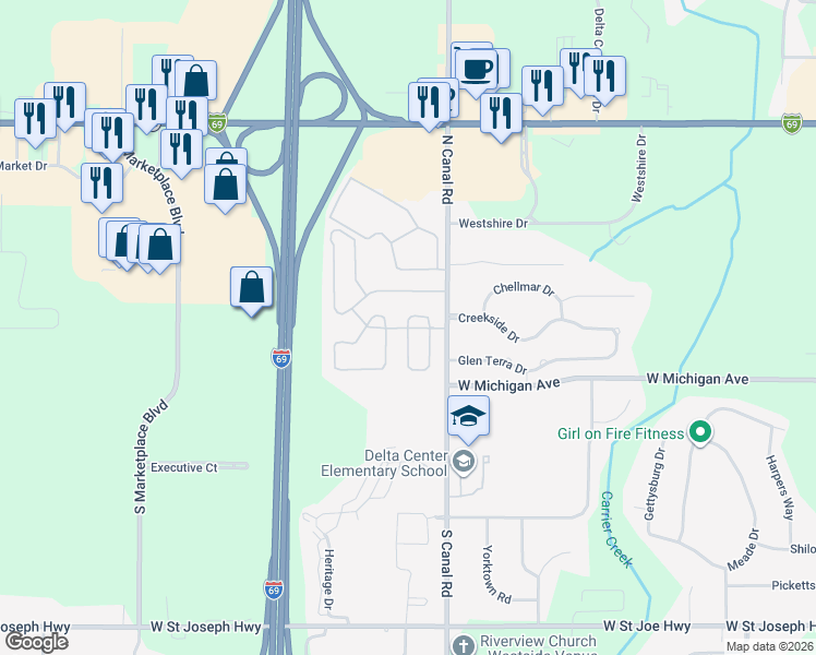 map of restaurants, bars, coffee shops, grocery stores, and more near Century Park Drive in Lansing