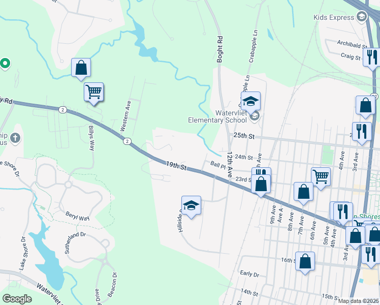 map of restaurants, bars, coffee shops, grocery stores, and more near 7 Fenimore Trace Apartments in Watervliet
