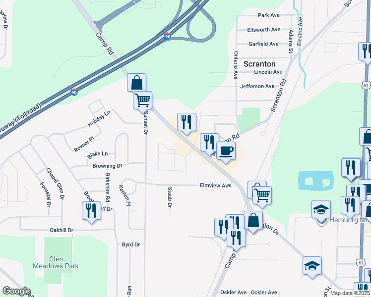 map of restaurants, bars, coffee shops, grocery stores, and more near 5566 Camp Road in Hamburg
