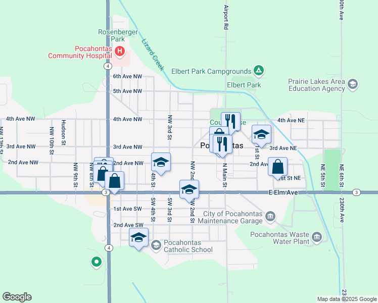 map of restaurants, bars, coffee shops, grocery stores, and more near 201 3rd Avenue Northwest in Pocahontas
