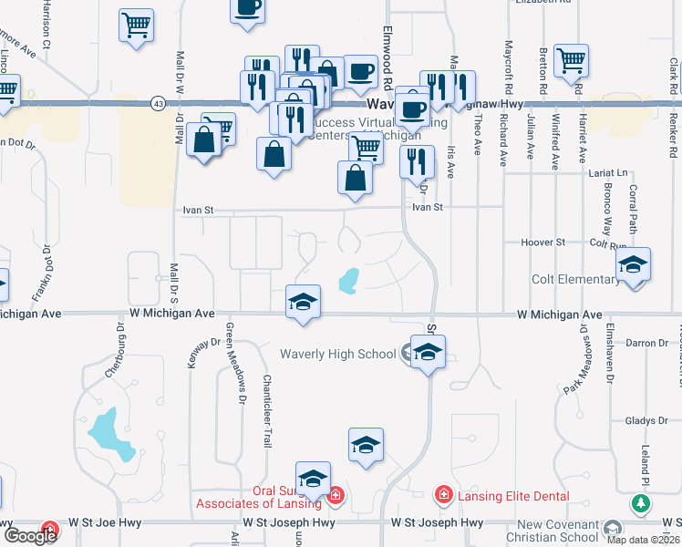 map of restaurants, bars, coffee shops, grocery stores, and more near 5303 Ivan Street in Lansing