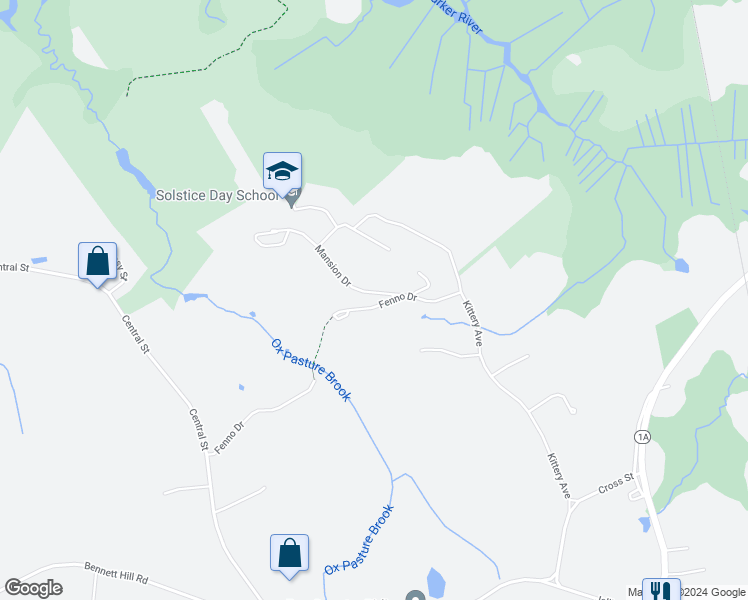 map of restaurants, bars, coffee shops, grocery stores, and more near 8 Mansion Drive in Rowley