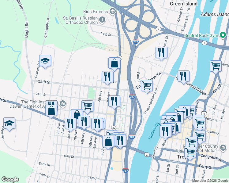 map of restaurants, bars, coffee shops, grocery stores, and more near 2457 2nd Avenue in Watervliet