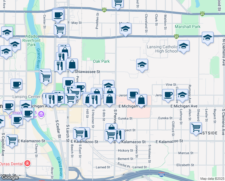 map of restaurants, bars, coffee shops, grocery stores, and more near 919 Jerome Street in Lansing