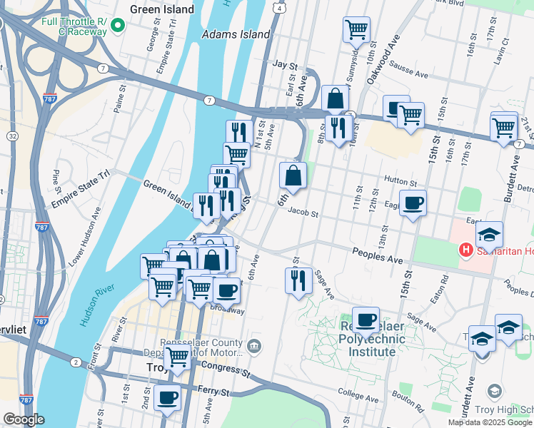 map of restaurants, bars, coffee shops, grocery stores, and more near 2175 6th Avenue in Troy