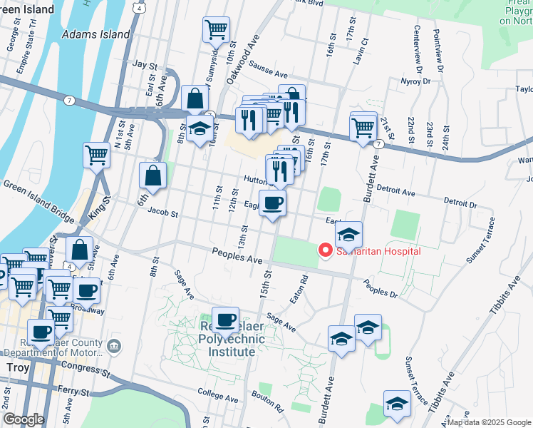 map of restaurants, bars, coffee shops, grocery stores, and more near 2214 14th Street in Troy