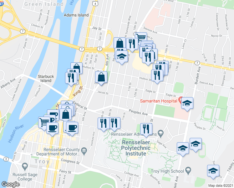 map of restaurants, bars, coffee shops, grocery stores, and more near 909 Jacob Street in Troy