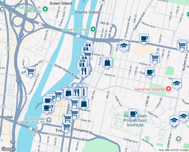 map of restaurants, bars, coffee shops, grocery stores, and more near 2154 5th Avenue in Troy