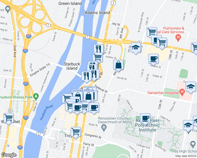 map of restaurants, bars, coffee shops, grocery stores, and more near in Troy