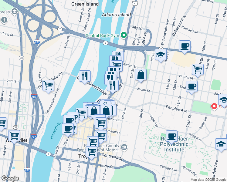 map of restaurants, bars, coffee shops, grocery stores, and more near in Troy