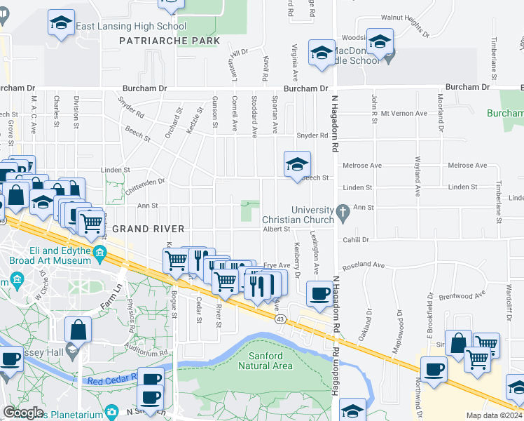 map of restaurants, bars, coffee shops, grocery stores, and more near 326 Stoddard Avenue in East Lansing