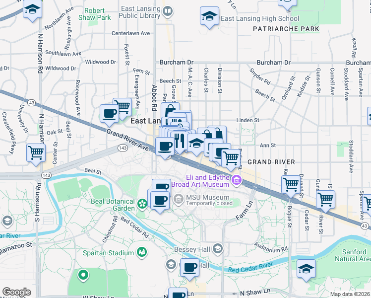 map of restaurants, bars, coffee shops, grocery stores, and more near 207 M. A. C. Avenue in East Lansing