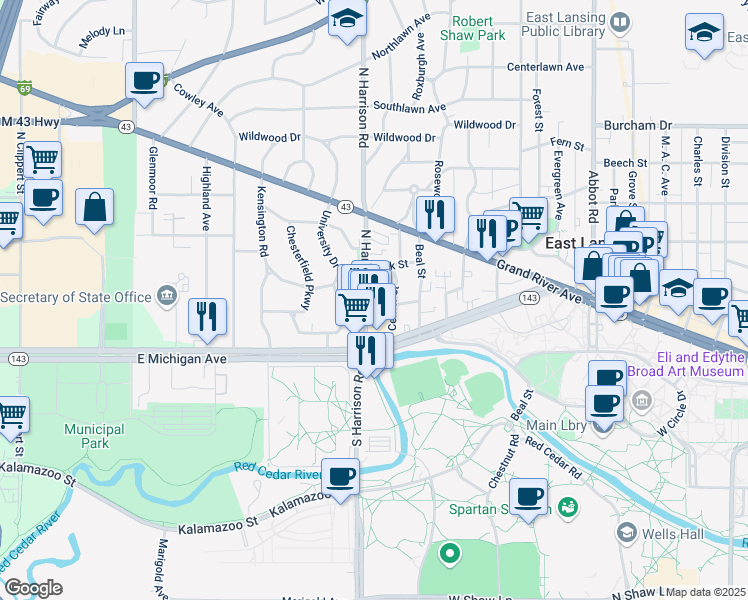 map of restaurants, bars, coffee shops, grocery stores, and more near 207 North Harrison Road in East Lansing