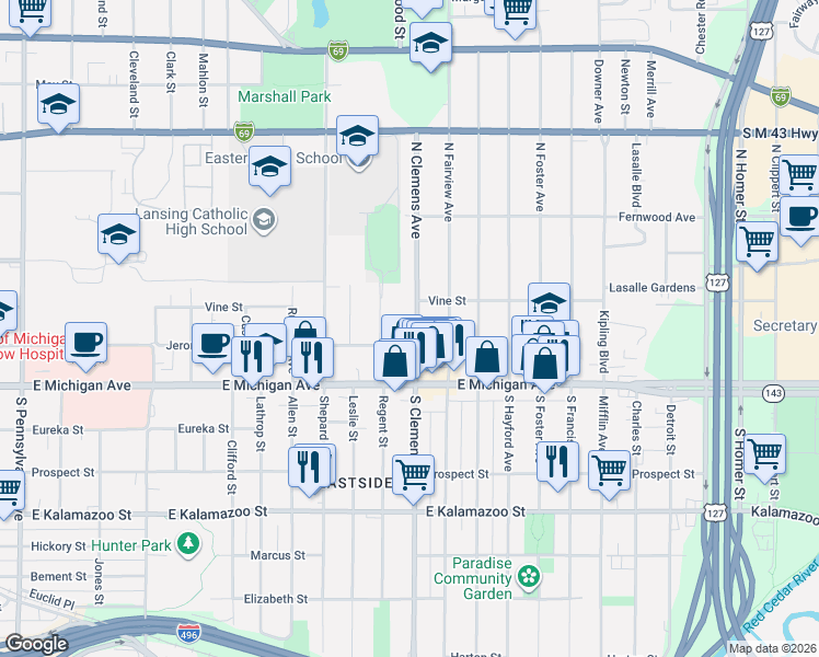 map of restaurants, bars, coffee shops, grocery stores, and more near 2005 Jerome Street in Lansing