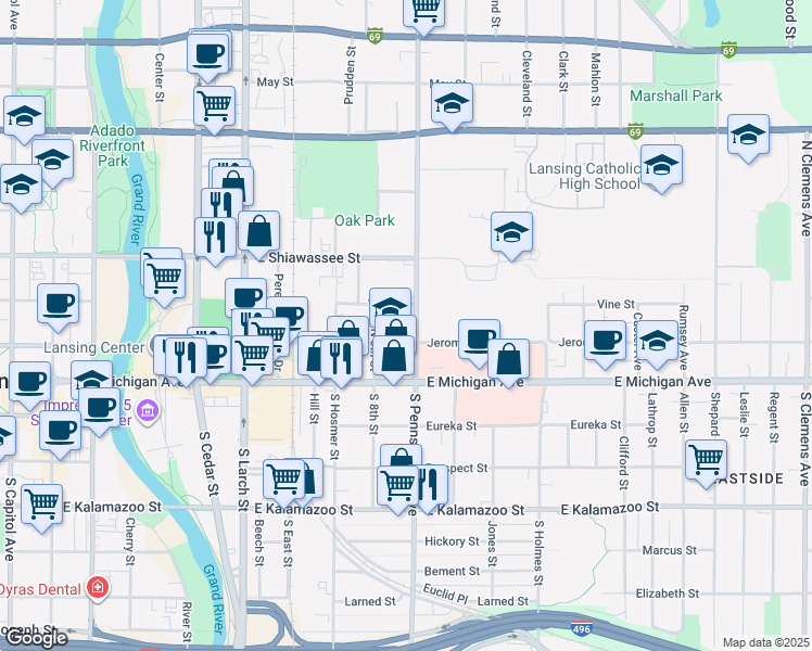 map of restaurants, bars, coffee shops, grocery stores, and more near 919 Jerome Street in Lansing