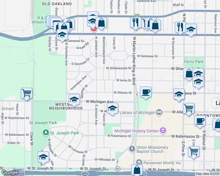 map of restaurants, bars, coffee shops, grocery stores, and more near 206 Westmoreland Avenue in Lansing