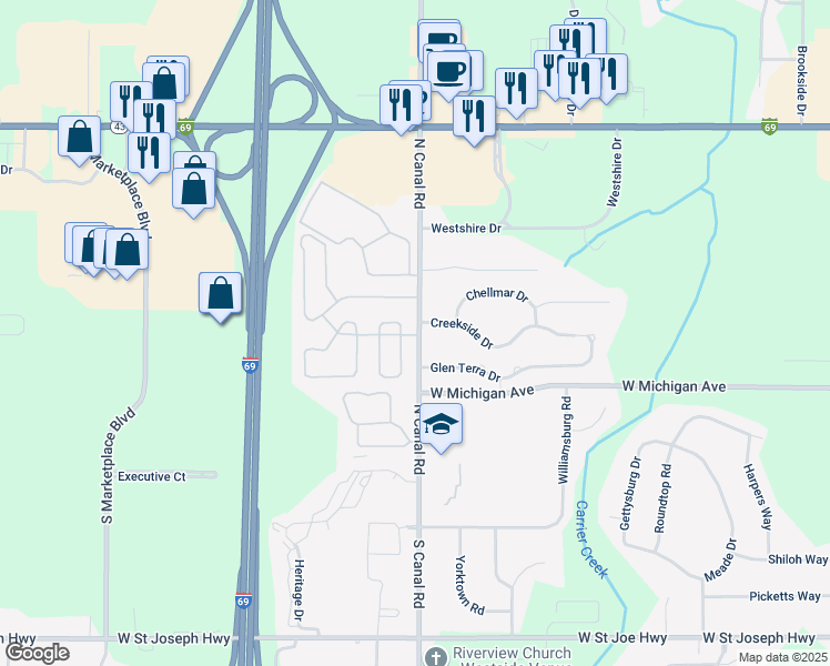 map of restaurants, bars, coffee shops, grocery stores, and more near 210 North Canal Road in Lansing