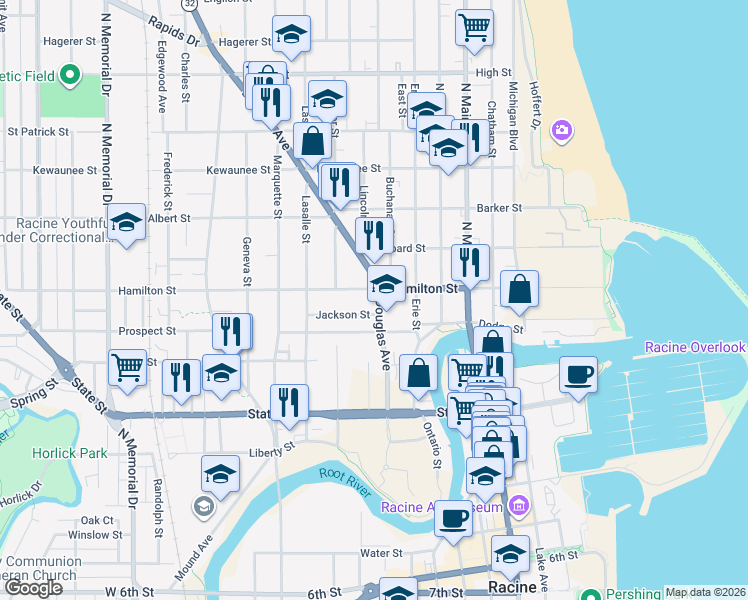 map of restaurants, bars, coffee shops, grocery stores, and more near 1124 Douglas Avenue in Racine