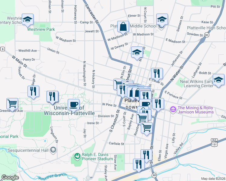 map of restaurants, bars, coffee shops, grocery stores, and more near 30 North Elm Street in Platteville